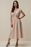 Blush V-Neck A Line Cap Sleeves Maxi Work Dress with Belt