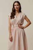 Blush V-Neck A Line Cap Sleeves Maxi Work Dress with Belt