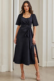 Navy Short Sleeves Ruched Drape A Line Midi Work Dress with Slit