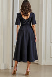 Navy Short Sleeves Ruched Drape A Line Midi Work Dress with Slit
