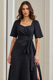 Navy Short Sleeves Ruched Drape A Line Midi Work Dress with Slit
