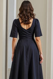 Navy Short Sleeves Ruched Drape A Line Midi Work Dress with Slit