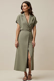 Grey Green A Line Maxi Notched Lapel Blazer Dress with Slit