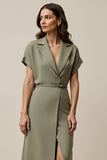 Grey Green A Line Maxi Notched Lapel Blazer Dress with Slit