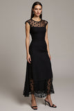 Black Cap Sleeves Illusion Neck A Line Maxi Work Dress with Lace