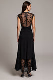 Black Cap Sleeves Illusion Neck A Line Maxi Work Dress with Lace