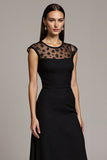 Black Cap Sleeves Illusion Neck A Line Maxi Work Dress with Lace