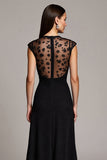 Black Cap Sleeves Illusion Neck A Line Maxi Work Dress with Lace