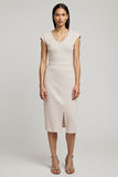 Light Pink Cap Sleeves V Neck Midi Pencil Work Dress with Slit