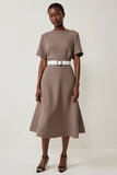 Midi Grey Short Sleeves A Line Work Dress with Belt