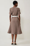 Midi Grey Short Sleeves A Line Work Dress with Belt