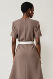 Midi Grey Short Sleeves A Line Work Dress with Belt
