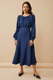 A Line Midi Navy Ruched Satin Work Dress with Sleeves