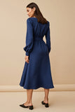 A Line Midi Navy Ruched Satin Work Dress with Sleeves