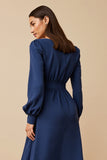 A Line Midi Navy Ruched Satin Work Dress with Sleeves