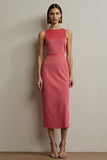 Red Sheath Round Neck Sleeveless Midi Work Dress