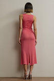Red Sheath Round Neck Sleeveless Midi Work Dress