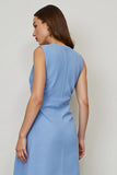 Blue A Line Round Neck Buttons Midi Work Dress with Pockets