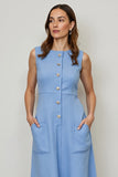 Blue A Line Round Neck Buttons Midi Work Dress with Pockets