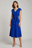 A Line Royal Blue V-Neck Cap Sleeves Midi Work Dress with Bow