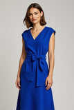 A Line Royal Blue V-Neck Cap Sleeves Midi Work Dress with Bow