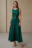 A Line Dark Green Satin Round Neck Maxi Work Dress with Belt