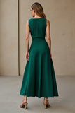 A Line Dark Green Satin Round Neck Maxi Work Dress with Belt