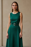 A Line Dark Green Satin Round Neck Maxi Work Dress with Belt