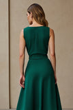 A Line Dark Green Satin Round Neck Maxi Work Dress with Belt