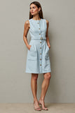 Light Blue Round Neck Short Work Dress with Pockets