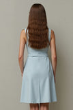 Light Blue Round Neck Short Work Dress with Pockets