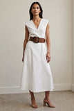 White Maxi A Line V-Neck Work Dress with Belt