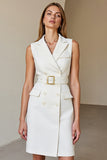 White Pencil Peak Lapel Buttons Short Blazer Dress with Belt