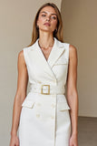 White Pencil Peak Lapel Buttons Short Blazer Dress with Belt