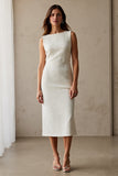 Elegant Ivory Sheath Bateau Neck Midi Work Dress