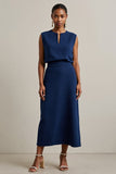 Simple Maxi Navy Round Neck Sleeveless Pencil Work Dress
