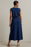 Simple Maxi Navy Round Neck Sleeveless Pencil Work Dress