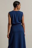 Simple Maxi Navy Round Neck Sleeveless Pencil Work Dress