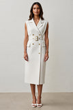 Midi White Pencil Notched Lapel Blazer Dress with Belt