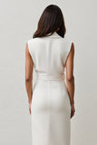 Midi White Pencil Notched Lapel Blazer Dress with Belt