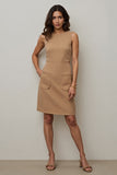 Short Camel Round Neck Pencil Work Dress with Pockets