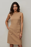 Short Camel Round Neck Pencil Work Dress with Pockets
