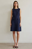 Simple Navy Round Neck Short Pencil Work Dress