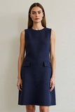 Simple Navy Round Neck Short Pencil Work Dress