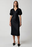 Black V-Neck Sheath Midi Work Dress with Short Sleeves