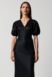 Black V-Neck Sheath Midi Work Dress with Short Sleeves