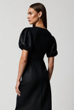 Black V-Neck Sheath Midi Work Dress with Short Sleeves