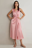 Pink V Neck Satin Sheath Ruched Maxi Wedding Guest Dress