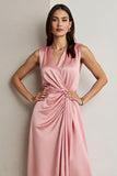 Pink V Neck Satin Sheath Ruched Maxi Wedding Guest Dress