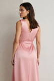 Pink V Neck Satin Sheath Ruched Maxi Wedding Guest Dress